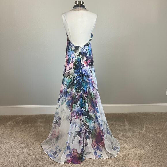 Badgley Mischka Backless Floral Print Beaded Halter Evening Gown White Size 10 - Picture 2 of 15